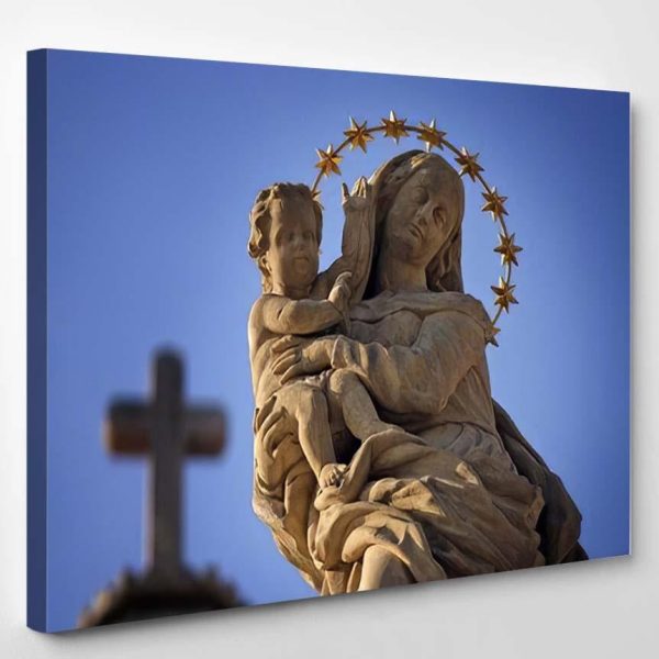 Statue Virgin Mary Jesus Cross Sky Jesus Christian Premium Multi Canvas Prints, Multi Piece Panel Canvas Luxury Gallery Wall Fine Art Print