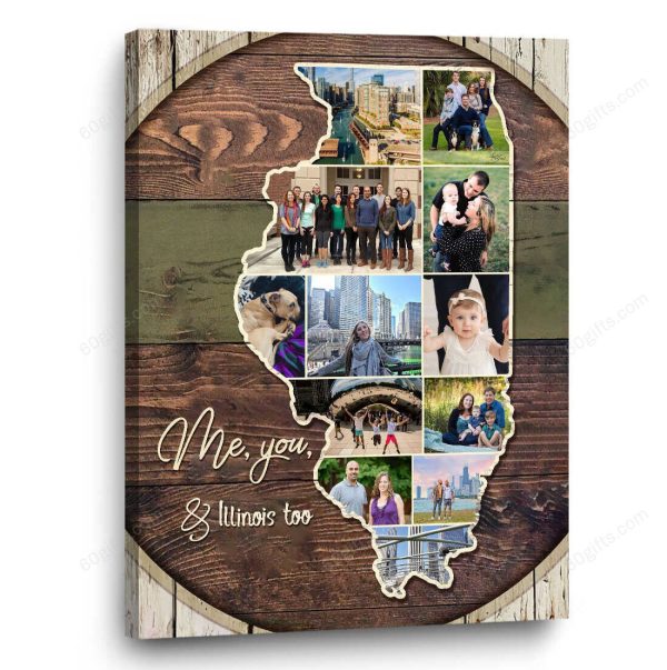 Customized Collage Photo, Illinois State Map Collage Canvas Birthday Gift, Family Gift Ideas - Personalized Canvas Print Wall Art Home Decor