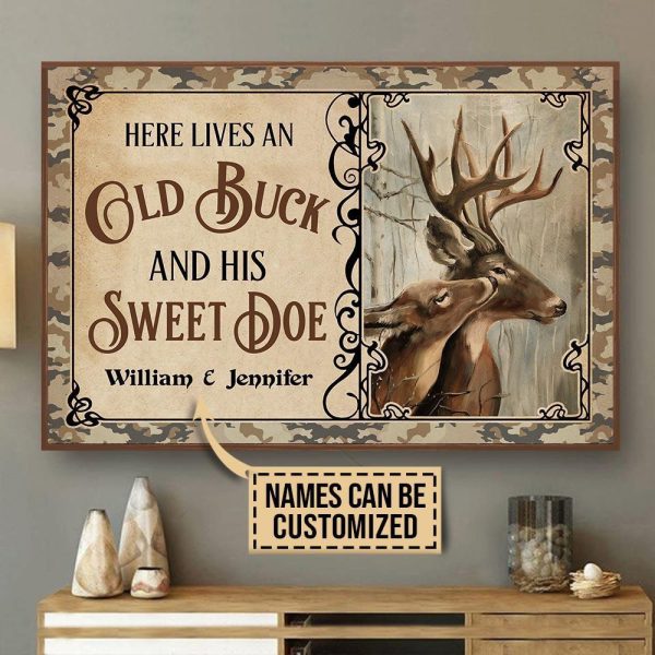 here Gifts Personalized Deer Old Buck Sweet Doe Canvas Home Decor