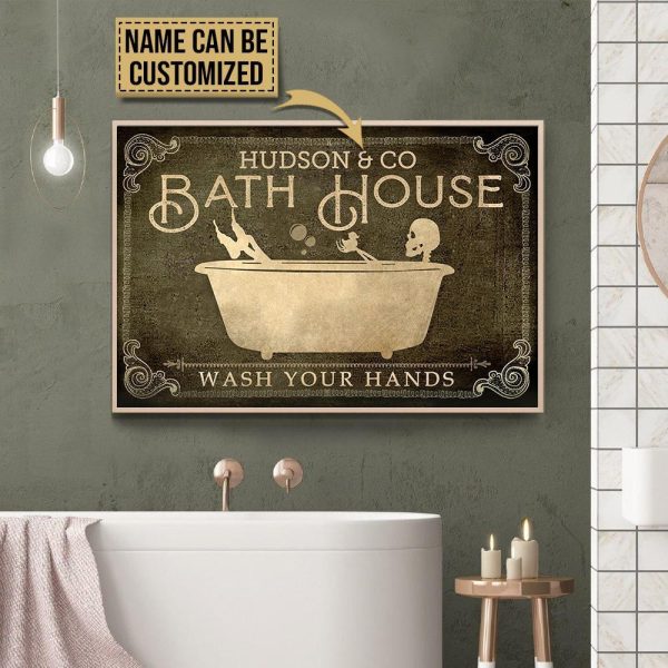 here Gifts Personalized Skeleton Bath House Wash Your Hands Canvas Home Decor - Image 2