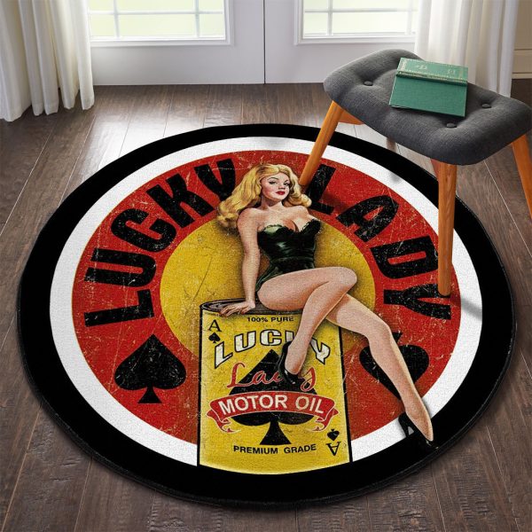 Lucky Lady Hot Rod Garage Round Mat Round Floor Mat Room Rugs Carpet Outdoor Rug Washable Rugs