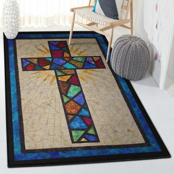 Faith Kitchen Rugs Stained Glass Cross Rug Rectangle Rugs Washable Area Rug Non-Slip Carpet For Living Room Bedroom