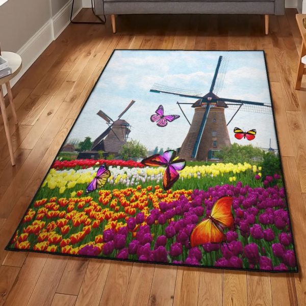 Calamity Dining Room Rug Windmill And Purple Tulips Butterfly Rug Rectangle Rugs Washable Area Rug Non-Slip Carpet For Living Room Bedroom