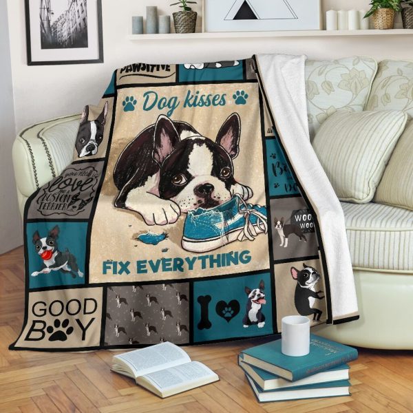 Dog Kisses Fix Everything Boston Terrier Dog Fleece Blanket - Image 2