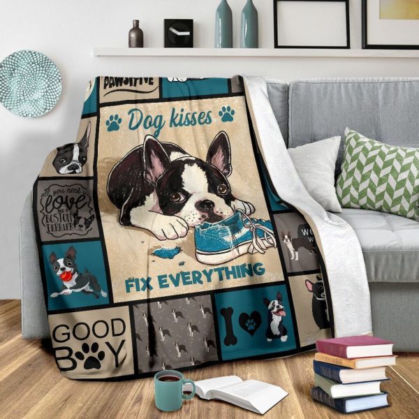 Dog Kisses Fix Everything Boston Terrier Dog Fleece Blanket - Image 4