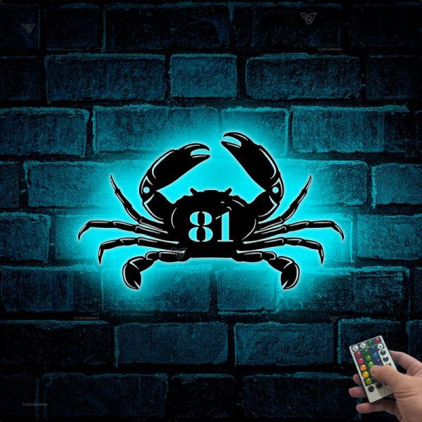 Personalized Crab Metal Wall Art Led Lights, Custom Crab Street House