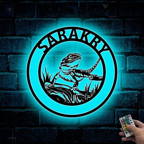 Custom Lizard Metal Wall Art Led Lights, Bearded Dragon Metal Name Sig - Image 3