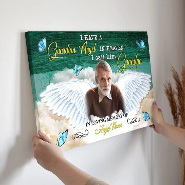 Personalized Canvas Prints, Custom Photo, Memorial Gifts, Sympathy Gifts, I Have A Guardian Angel In Heaven I Call Him Grandpa Dem Canvas - Image 4